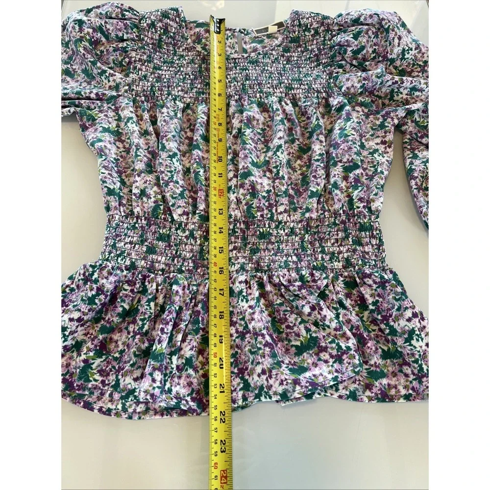 Pleione Blouse XS Peplum Puff 3/4 Sleeve Smocked Floral‎ Purple Green